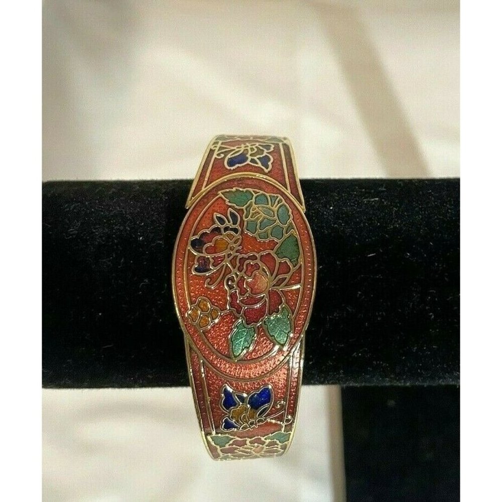 Vintage Gold tone Enamel Cloisonné Flowers Floral Flower Clamper Cuff Bracelet